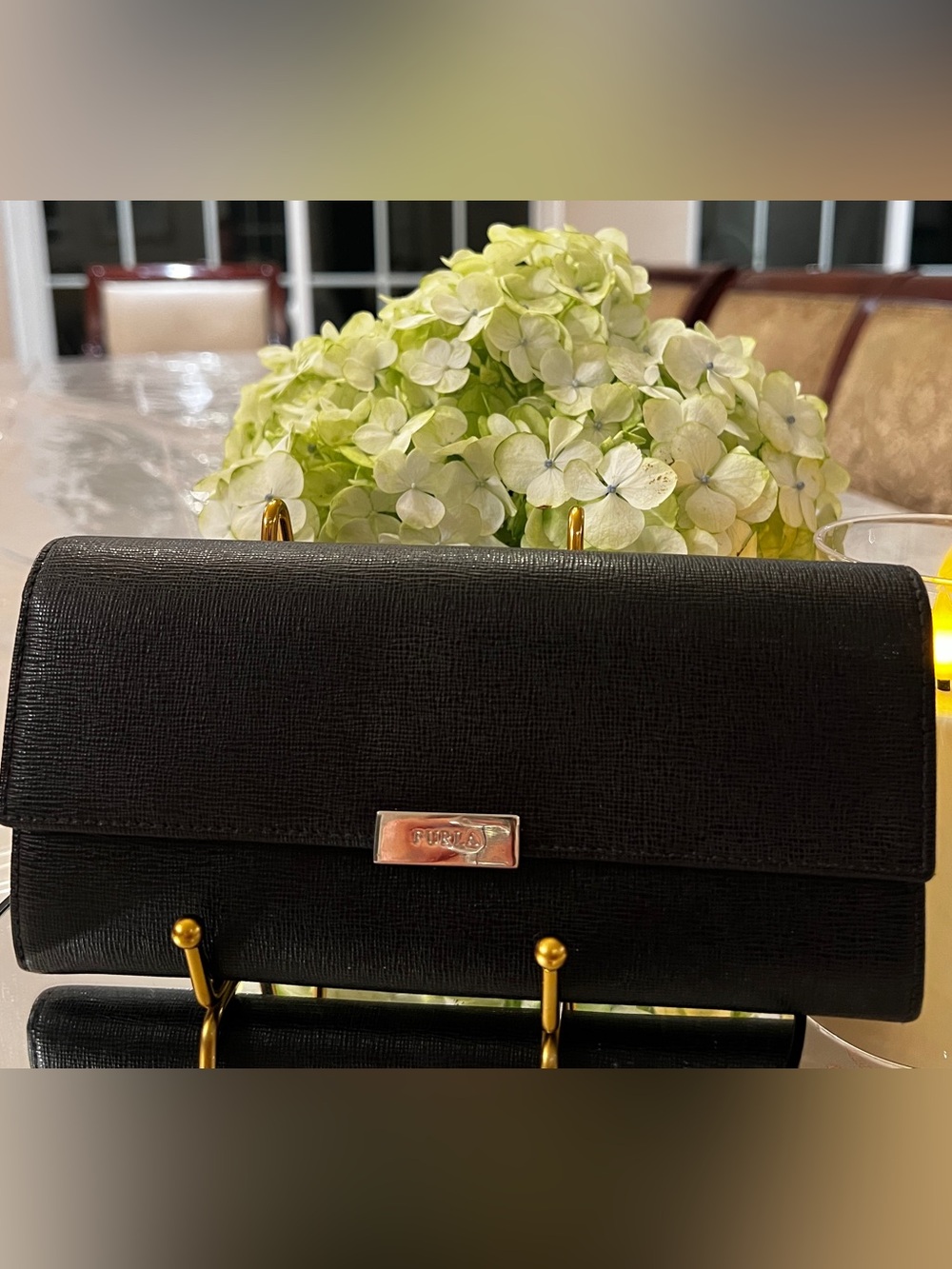 Furla Black Saffiano Leather Continental Wallet Silver Logo